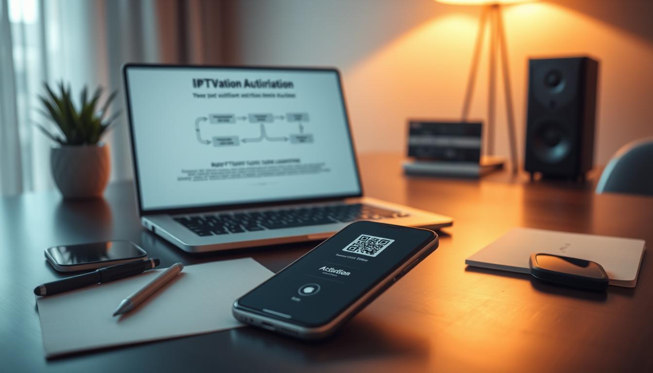 A sleek, modern workspace with a laptop, smartphone, and notes showcasing the IPTV subscription activation process. The scene is bathed in warm, soft lighting, creating a calming, professional atmosphere. The focal point is a step-by-step illustration of the activation flow, displayed on the laptop screen, allowing the viewer to clearly understand the process. The smartphone in the foreground displays a QR code or activation code, hinting at the digital nature of the subscription. The overall composition conveys a sense of ease and simplicity, reflecting the streamlined IPTV subscription activation experience.
