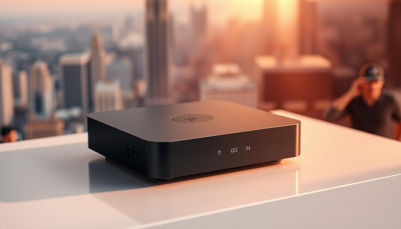 A sleek, modern IPTV box resting on a minimalist white surface, its clean lines and subtle branding evoking a sense of high-tech simplicity. The box is bathed in warm, directional lighting, casting soft shadows that accentuate its form. In the background, a blurred cityscape or abstract pattern provides a subtle, complementary backdrop, hinting at the global connectivity and boundless entertainment options that a lifetime IPTV subscription offers. The overall impression is one of sophistication, convenience, and the promise of endless viewing possibilities.