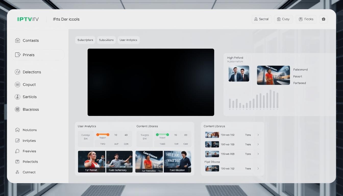 A crisp, minimalist dashboard display showcasing IPTV reseller tools. The interface features a sleek, white-label design with clean typography and intuitive controls. In the foreground, customizable widgets allow for easy management of subscriptions, user analytics, and content libraries. The middle ground depicts a full-screen video player with high-definition playback. The background hints at a sophisticated server infrastructure, with a subtle grid of server racks and network cables creating a sense of technical depth. Soft, even lighting and a muted color palette evoke a professional, enterprise-grade aesthetic suitable for the IPTV reseller business.