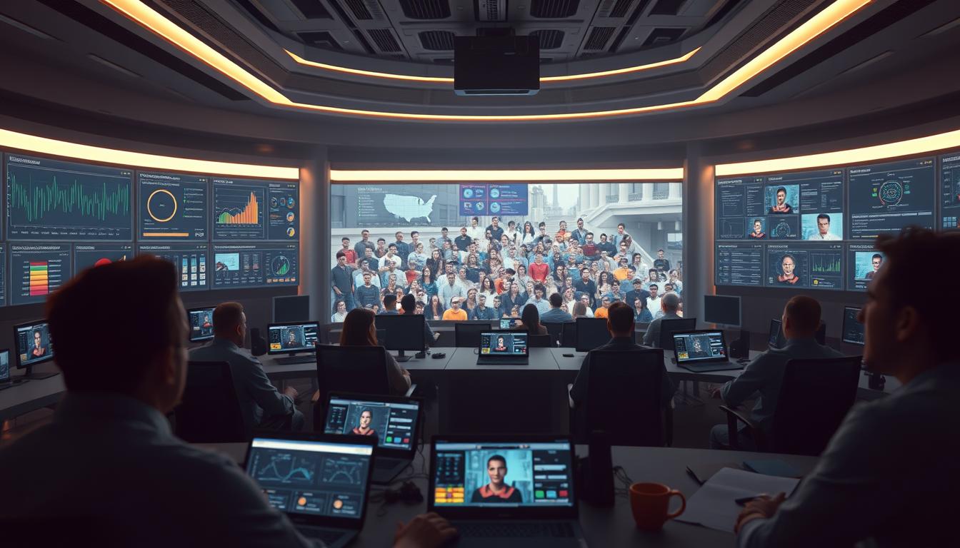A high-tech command center with a vast array of screens and data visualizations, illuminated by a soft, ambient glow. In the foreground, a team of analysts intently studying audience metrics, heat maps, and viewer engagement data. The middle ground features a panoramic view of a diverse IPTV audience, each viewer represented by a stylized avatar. The background is a sleek, minimalist space with subtle color accents, conveying a sense of precision and professionalism. Cinematic lighting and a shallow depth of field draw the viewer's attention to the data analysis at the heart of the scene.