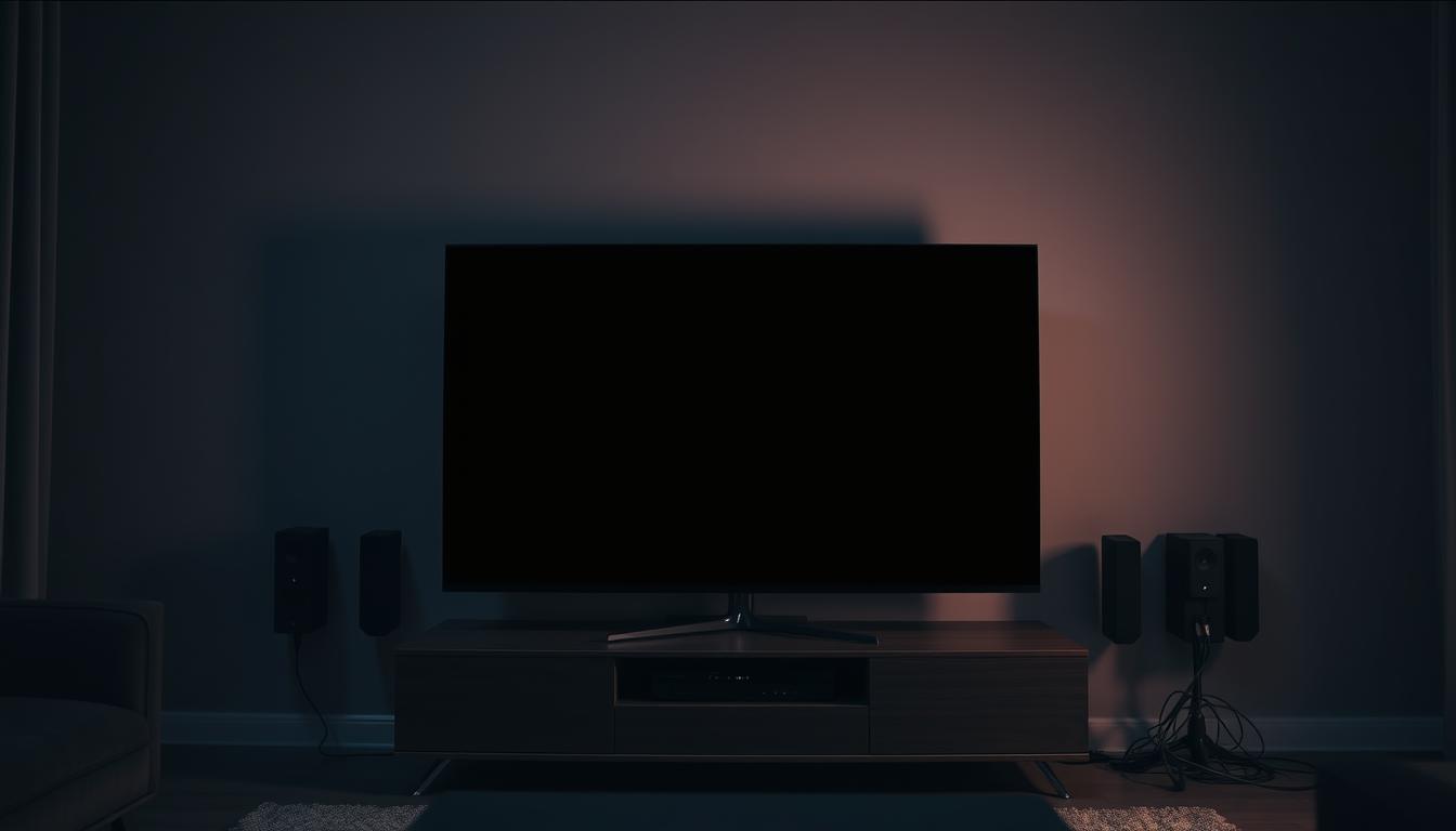 A professional-looking IPTV setup in a home entertainment center, with a prominent black screen in the middle. The room is dimly lit, creating a moody atmosphere. The setup includes a modern TV, a sleek media center, and various IPTV hardware components such as a set-top box and cables. The overall scene conveys a sense of frustration and the need for a quick fix to the black screen issue, while maintaining a visually appealing and realistic aesthetic.