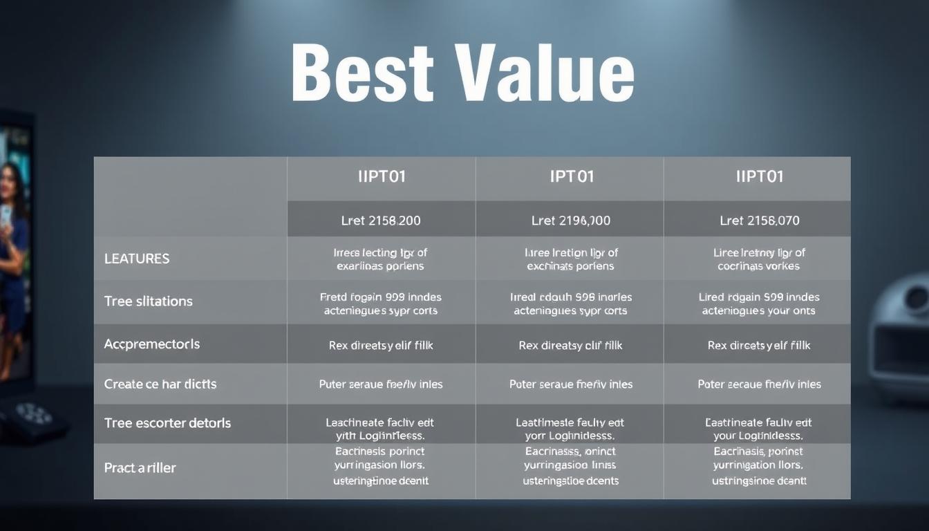 A clear, well-organized comparison of affordable IPTV plans, showcasing their key features and pricing. The image should have a clean, modern layout with a prominent focus on the plan details, presented in an easy-to-digest format. The background should convey a sense of technology and connectivity, with subtle visual cues alluding to the IPTV service. Utilize a professional, muted color palette to create a polished, trustworthy impression. Employ thoughtful lighting and angles to highlight the plan information, ensuring it is legible and visually appealing. The overall atmosphere should reflect the &quot;Best Value&quot; theme, conveying a sense of reliability and cost-effectiveness.