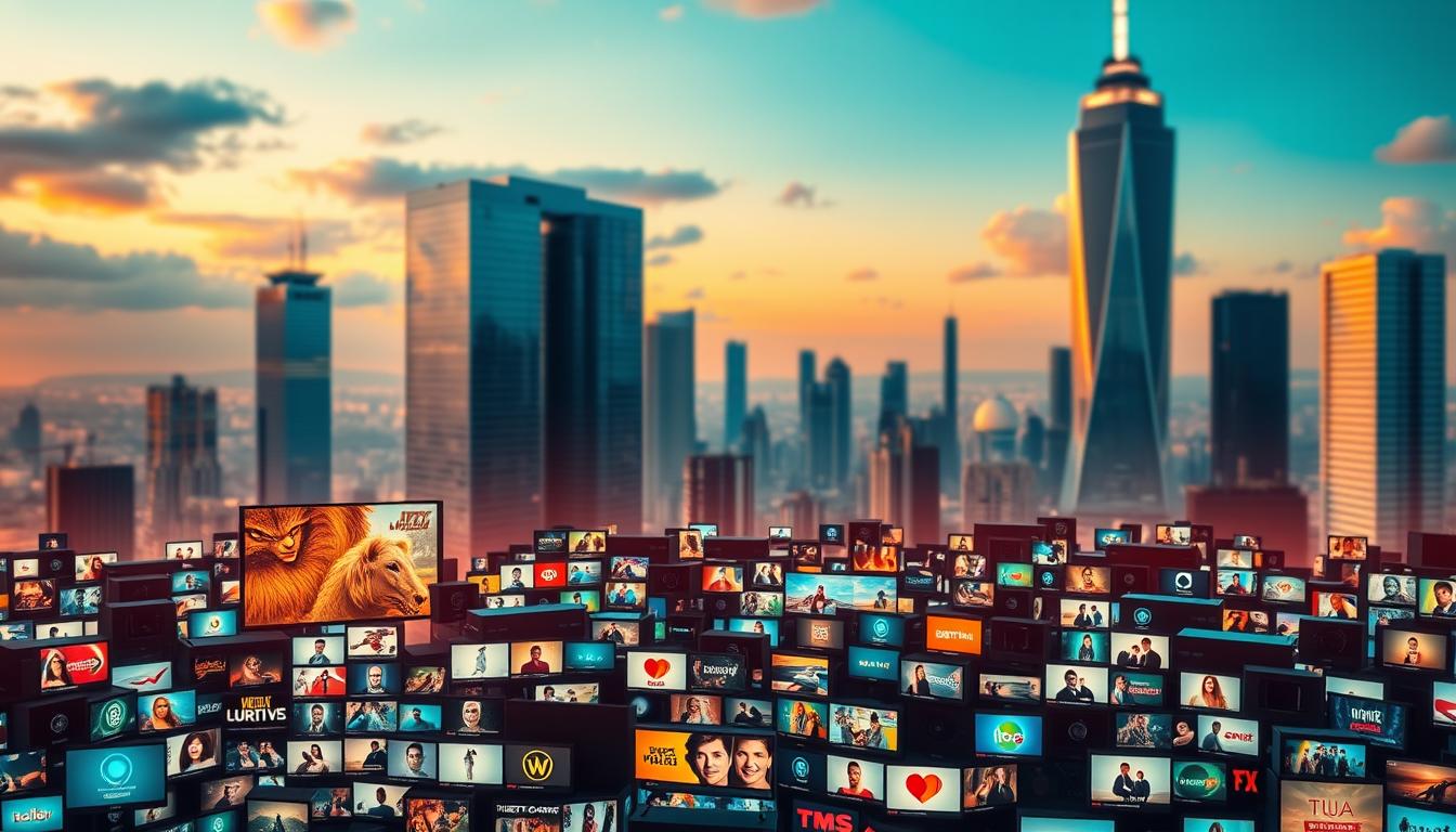 A vibrant and diverse array of IPTV content options sprawls across a dynamic digital landscape. In the foreground, a kaleidoscope of channel icons and thumbnails, each representing a unique entertainment experience, from live sports and news to movies, TV shows, and documentaries. In the middle ground, sleek device silhouettes suggest the seamless integration of IPTV into modern living spaces, while the background showcases a visually captivating cityscape, hinting at the global reach and interconnectivity of this burgeoning industry. Warm, diffused lighting casts a sense of allure and accessibility, inviting the viewer to explore the boundless possibilities of IPTV content variety.