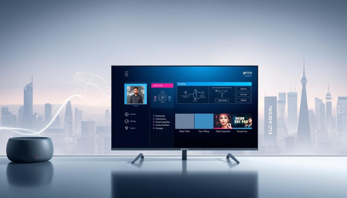 Efficient IPTV data usage: a sleek, minimalist illustration. In the foreground, a modern smart TV screen displaying a streamlined IPTV interface, its UI elements elegantly designed to optimize data consumption. The middle ground features network diagrams and data flow visualizations, highlighting the efficient data routing and compression techniques that enable seamless IPTV experiences. The background depicts a serene, tech-infused cityscape, with skyscrapers and towers symbolizing the robust infrastructure supporting reliable, low-latency IPTV delivery. Soft lighting and a cool color palette convey a sense of sophistication and technological prowess. The overall composition emphasizes the harmony between cutting-edge IPTV technology and its practical, user-friendly implementation.