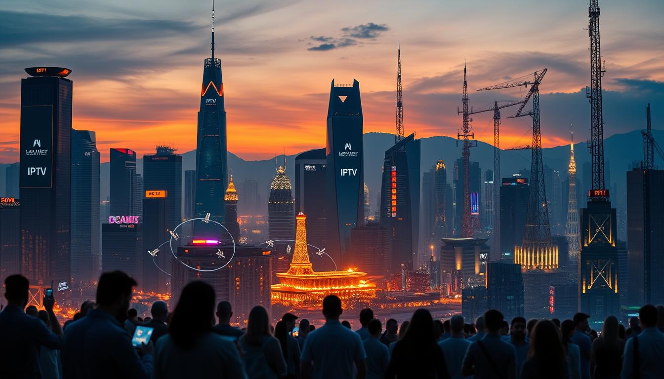 A futuristic cityscape at dusk, with towering skyscrapers and glowing holographic displays showcasing the latest IPTV trends. In the foreground, a group of people connected to their smart devices, immersed in a seamless, high-definition streaming experience. The middle ground features sleek, modern IPTV set-top boxes and wireless routers, while the background is filled with a network of satellite dishes and communication towers, symbolizing the global reach and infrastructure of the IPTV industry. The scene is bathed in a warm, vibrant color palette, conveying the growth and innovation driving the IPTV subscription market.