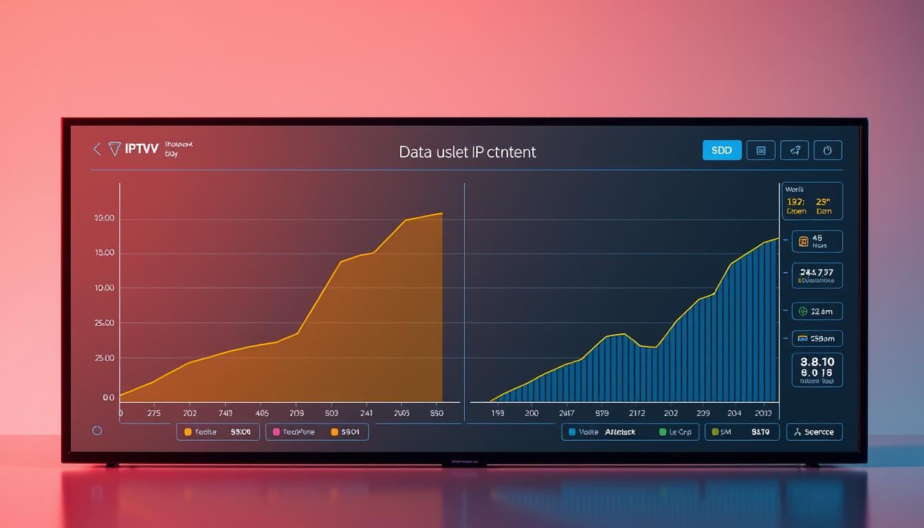 A detailed comparison of IPTV data usage between HD and SD video content. A sleek, modern data visualization dashboard displays the contrasting data metrics side by side, with clean lines, bold colors, and simple intuitive infographics. The HD content graph shows a significantly higher data usage curve, while the SD graph demonstrates a more modest, efficient data footprint. The background is a soft, gradient-based tech aesthetic, complementing the data-driven focus of the scene. Subtle lighting accentuates the clarity and precision of the visualization, creating an impactful, informative visual aid.