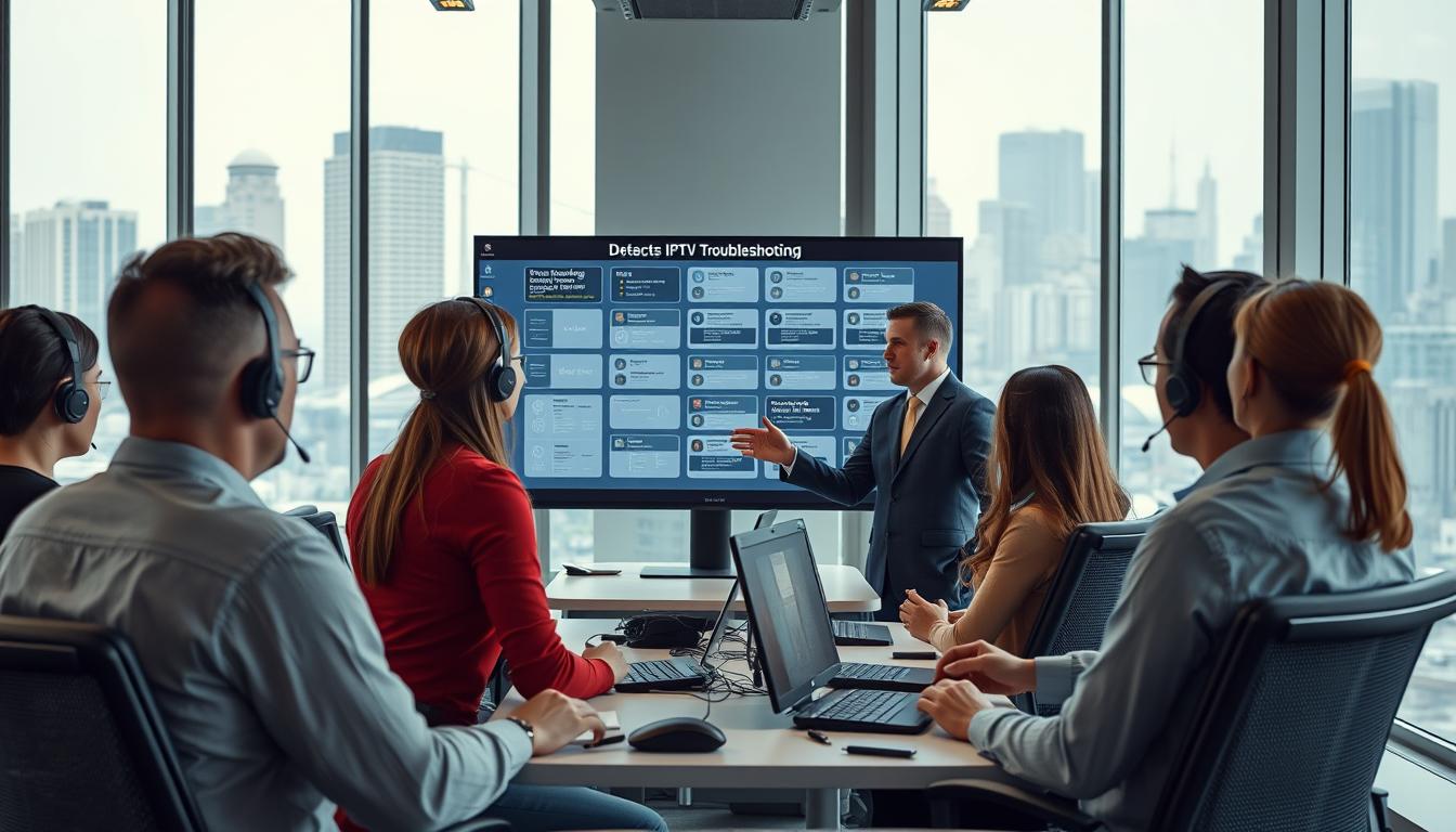 A well-lit, modern office setting with a group of IPTV customer support representatives engaged in a training session. The foreground features a team of diverse individuals attentively listening to an experienced instructor, who is gesturing towards a large display screen showcasing detailed IPTV troubleshooting workflows. The middle ground includes ergonomic workstations, sleek technology, and a professional, collaborative atmosphere. The background reveals floor-to-ceiling windows overlooking a bustling city skyline, conveying a sense of a thriving, well-equipped IPTV reseller business.
