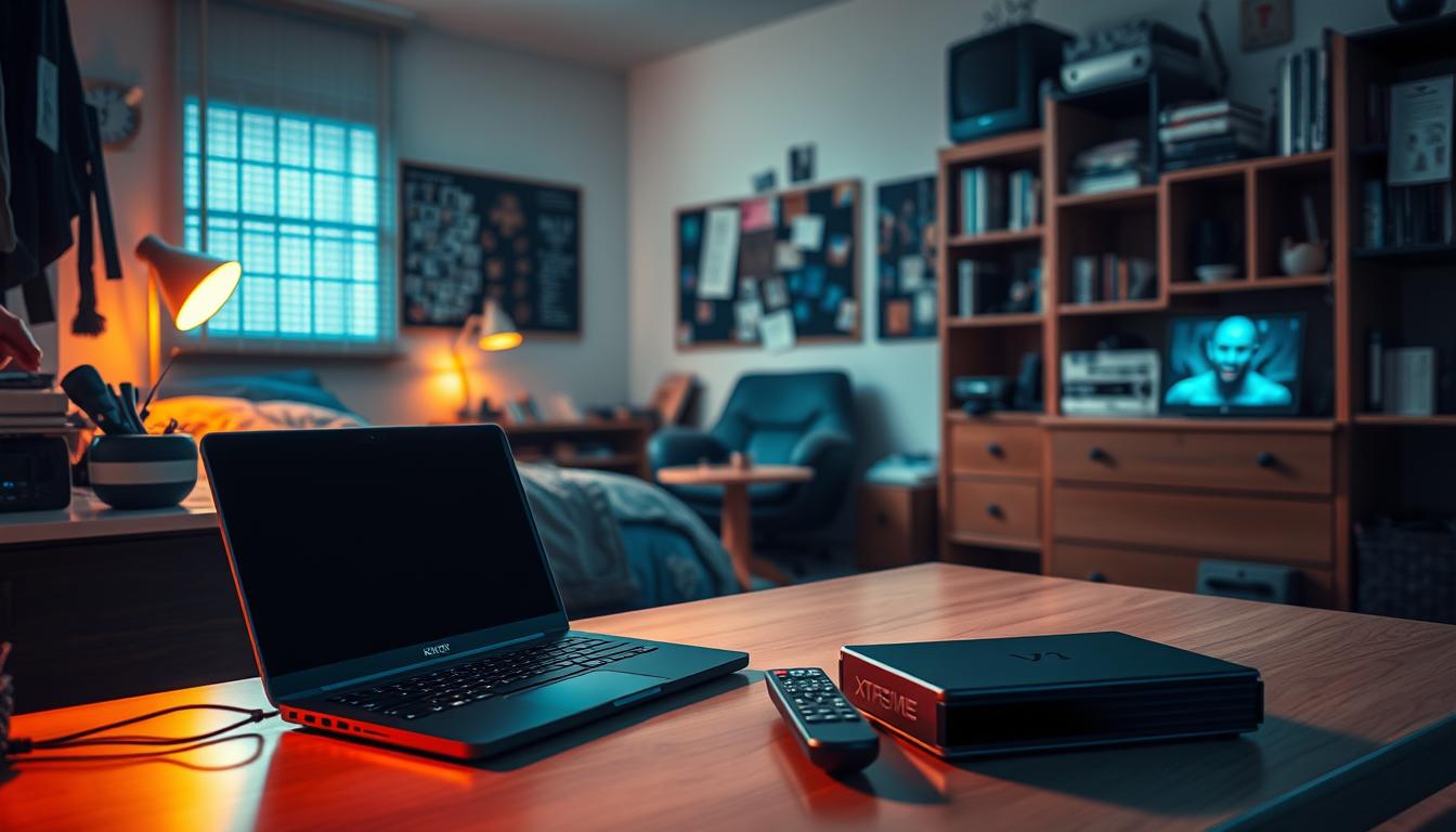 A dorm room with a cozy, focused atmosphere. In the foreground, a desk with a laptop, remote control, and Xtreme HD IPTV set-top box neatly arranged. Soft, warm lighting illuminates the scene, creating a welcoming ambiance. In the middle ground, a comfortable chair and a small side table with a streaming device. The background features bookshelves, a pinboard, and personal touches that give the space a lived-in feel. The overall composition conveys a sense of productivity and entertainment, showcasing the integration of Xtreme HD IPTV into the dorm room setup.