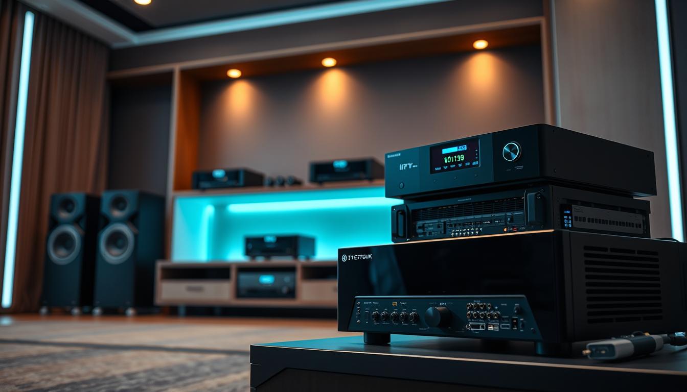 A high-tech home theater setup with a professional-grade IPTV system. In the foreground, a modern 4K ultra-HD television set with sleek bezels and a cinematic display. Beside it, a state-of-the-art IPTV receiver, its intricate connections and ports visible. In the middle ground, high-end audio equipment like a surround sound system and amplifier, their glossy facades and LED indicators illuminating the space. The background showcases a minimalist entertainment unit, its clean lines and neutral tones complementing the advanced technology. Soft, warm lighting from hidden sources creates a cozy, immersive atmosphere, while strategic camera angles highlight the integrated, streamlined nature of the entire setup.