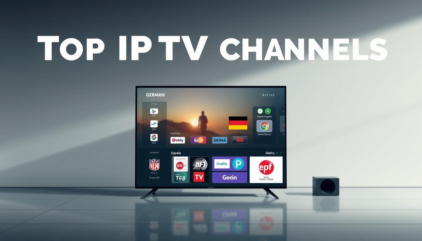 A high-quality digital illustration of the top IPTV channels for German content, showcasing a sleek and modern interface. The foreground features a grid of channel logos and icons, each rendered with crisp details and vibrant colors. The middle ground depicts a stylized TV or digital device displaying a selection of popular German television programs. The background subtly suggests a minimalist, technology-inspired environment with clean lines, soft gradients, and muted tones to create a sophisticated and visually appealing composition. The overall mood is one of professionalism, reliability, and a premium IPTV service catered to the German market.