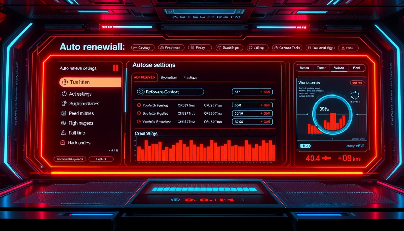 A high-tech digital interface featuring a dynamic dashboard showcasing the auto-renewal settings for an IPTV service. Sleek, futuristic design with holographic elements, crisp typography, and vibrant color palette. The interface should convey a sense of control and customization, allowing the user to easily manage their subscription. Lighting should be a balanced mix of warm and cool tones, creating depth and highlighting the key features. Maintain a clean, minimalist aesthetic that complements the technical nature of the subject matter.