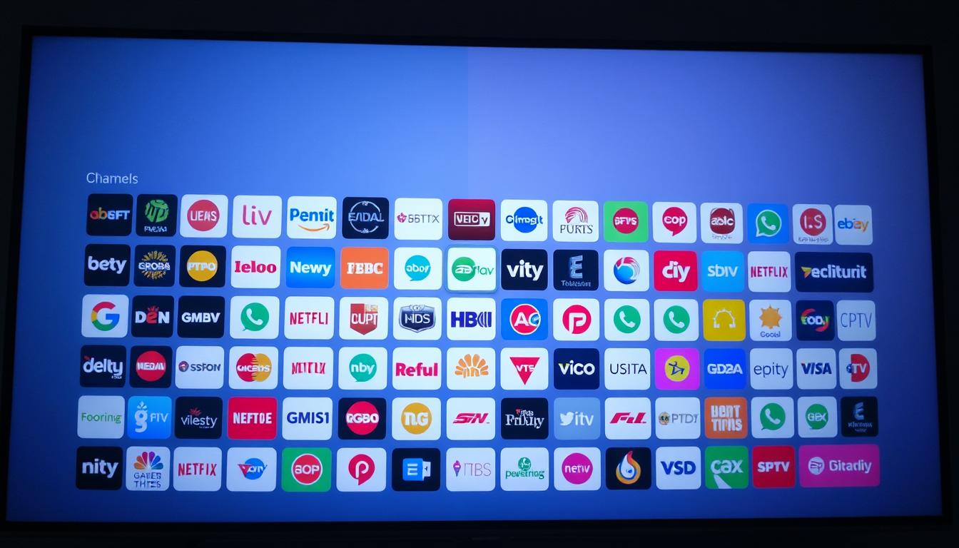 A vibrant and diverse array of IPTV channel icons, displayed against a clean, minimalist background. The icons are crisp, colorful, and well-organized, suggesting a wide range of programming options. The lighting is soft and diffused, creating a sense of depth and highlighting the individual channel logos. The camera angle is slightly elevated, allowing the viewer to take in the full breadth of the IPTV channel selection. The overall mood is one of professionalism, modernity, and the promise of entertainment and information at the viewer's fingertips.