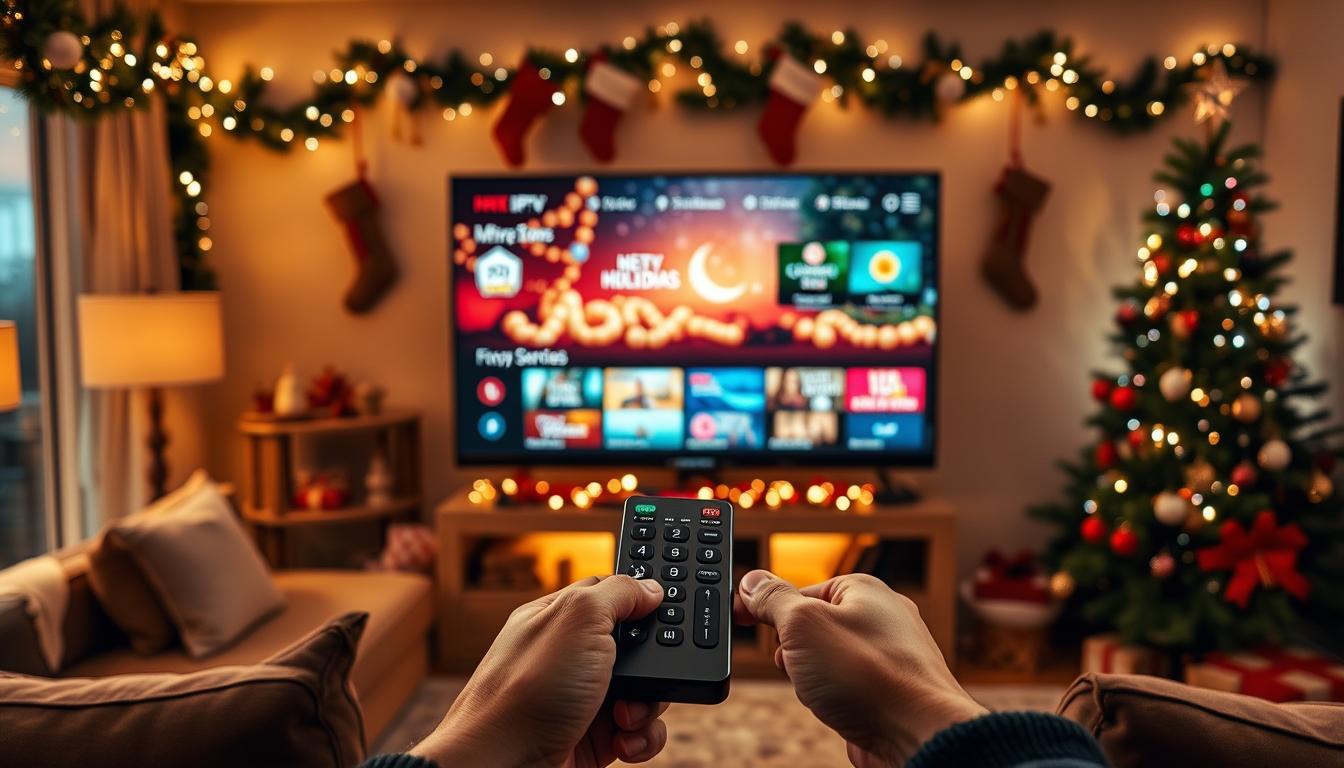 holiday IPTV specials - a cozy living room scene with a large 4K TV displaying a festive holiday IPTV menu, surrounded by plush holiday decor like garlands, stockings, and a decorated Christmas tree. The lighting is warm and inviting, with a soft glow from the TV and ambient holiday lighting. In the foreground, a pair of hands hold a sleek IPTV remote, ready to browse the enticing holiday specials and live channels. The overall atmosphere conveys the excitement and comfort of upgrading one's IPTV subscription for the holidays.