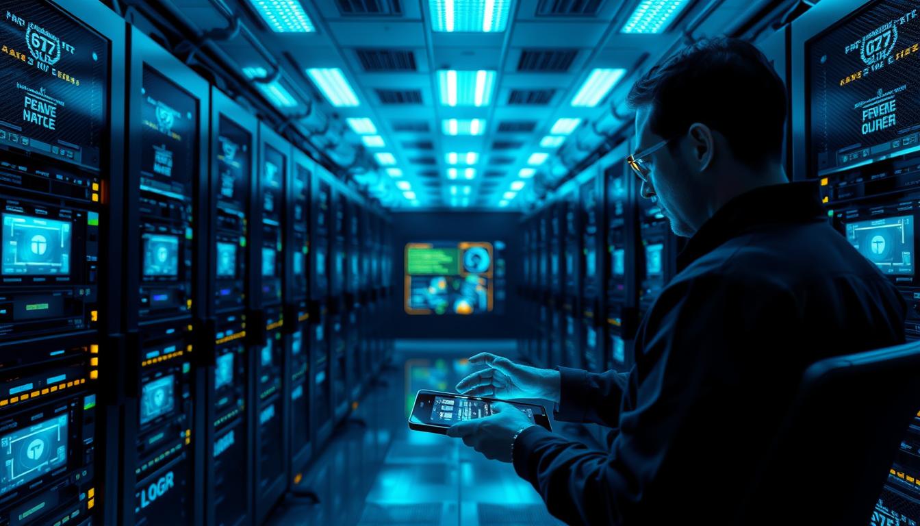 A high-tech server room with rows of glowing computer equipment, holographic displays, and sleek ergonomic workstations. In the foreground, an IT professional is carefully restoring a complex backup system, hands hovering over a touchscreen interface. Soft blue and white lighting creates an atmospheric, futuristic ambiance. The scene conveys a sense of precision, efficiency, and the importance of safeguarding critical IPTV infrastructure. The overall composition emphasizes the technical complexity and high-stakes nature of the backup restoration process.