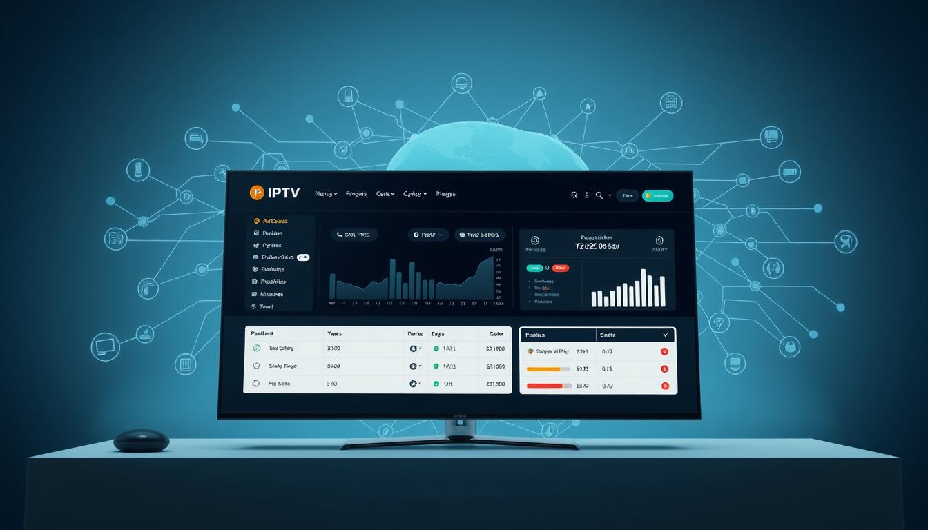 A professional IPTV reseller panel displayed on a modern, minimalist web interface. The panel features a clean, intuitive dashboard with relevant statistics, subscription management tools, and secure payment options. The background showcases a sophisticated network diagram, highlighting the technical infrastructure supporting the IPTV service. The color palette is subdued, with shades of blue and gray, creating a sense of trust and reliability. The overall composition conveys the efficiency and reliability of the IPTV reseller panel, catering to the needs of sports enthusiasts seeking a seamless viewing experience.