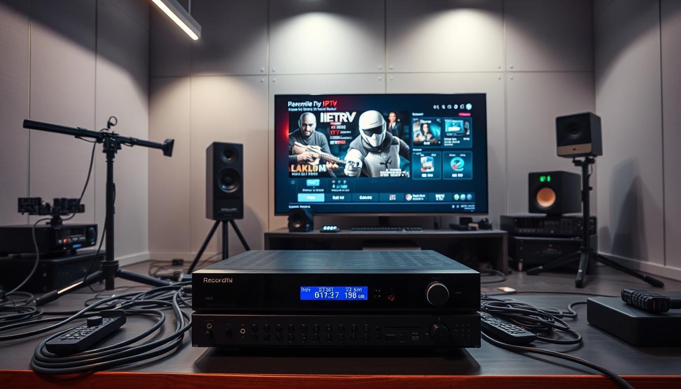 A high-tech recording studio setup with sleek, modern IPTV equipment. In the foreground, a state-of-the-art IPTV receiver and digital video recorder take center stage, surrounded by an array of cables, remotes, and other accessories. The middle ground features a large, ultra-high-definition TV displaying a live IPTV feed, with a sophisticated user interface showcasing recording options. The background is a minimalist, industrial-inspired setting with clean lines and neutral tones, creating a professional, tech-forward atmosphere. Dramatic, directional lighting casts dramatic shadows, highlighting the equipment's advanced features and capabilities.