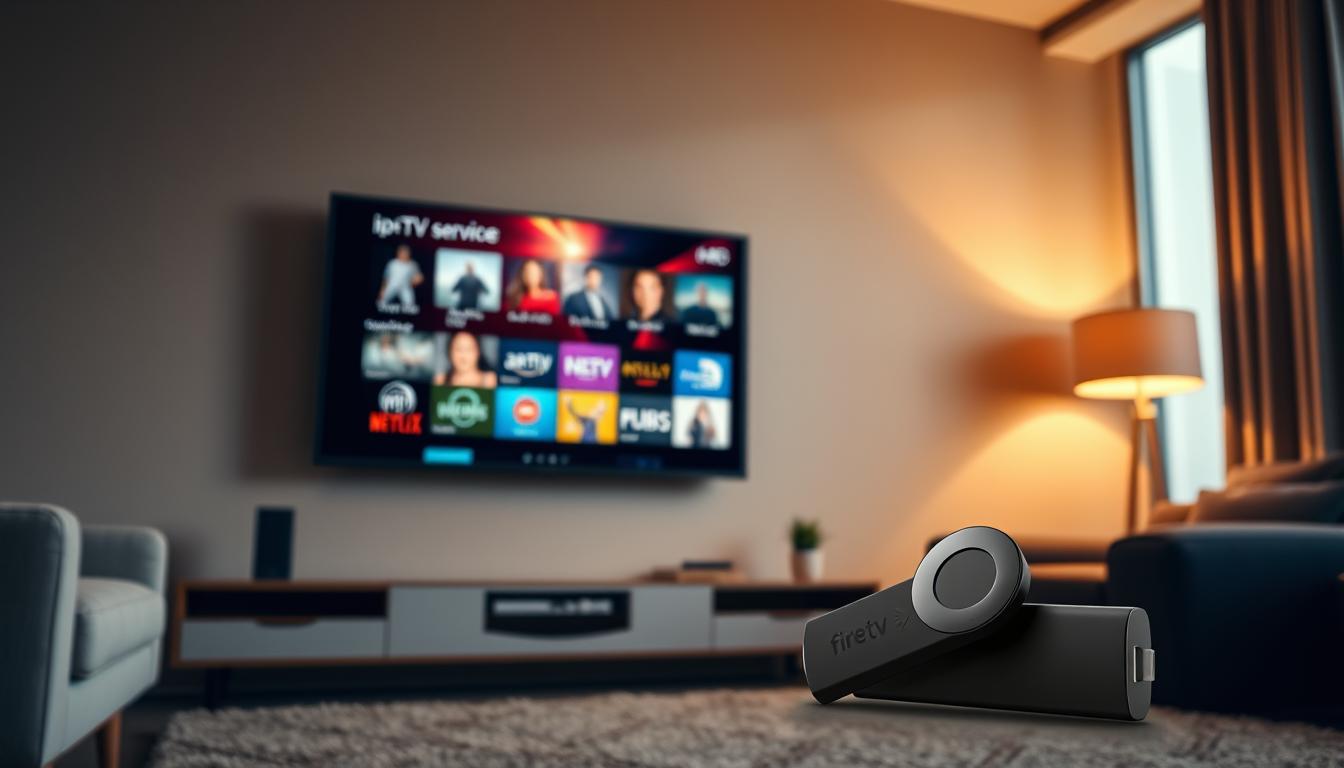 A modern living room interior with a large flatscreen TV mounted on the wall. In the foreground, a sleek, black Amazon Firestick device is prominently displayed, highlighting its capabilities as an IPTV solution. The TV screen displays a vibrant, captivating image showcasing various IPTV service options, with a clean, user-friendly interface. The room is bathed in warm, soft lighting, creating a cozy and inviting atmosphere. The overall scene conveys the ease and convenience of using a Firestick for IPTV streaming, making it an attractive option for cord-cutting and on-demand media consumption.