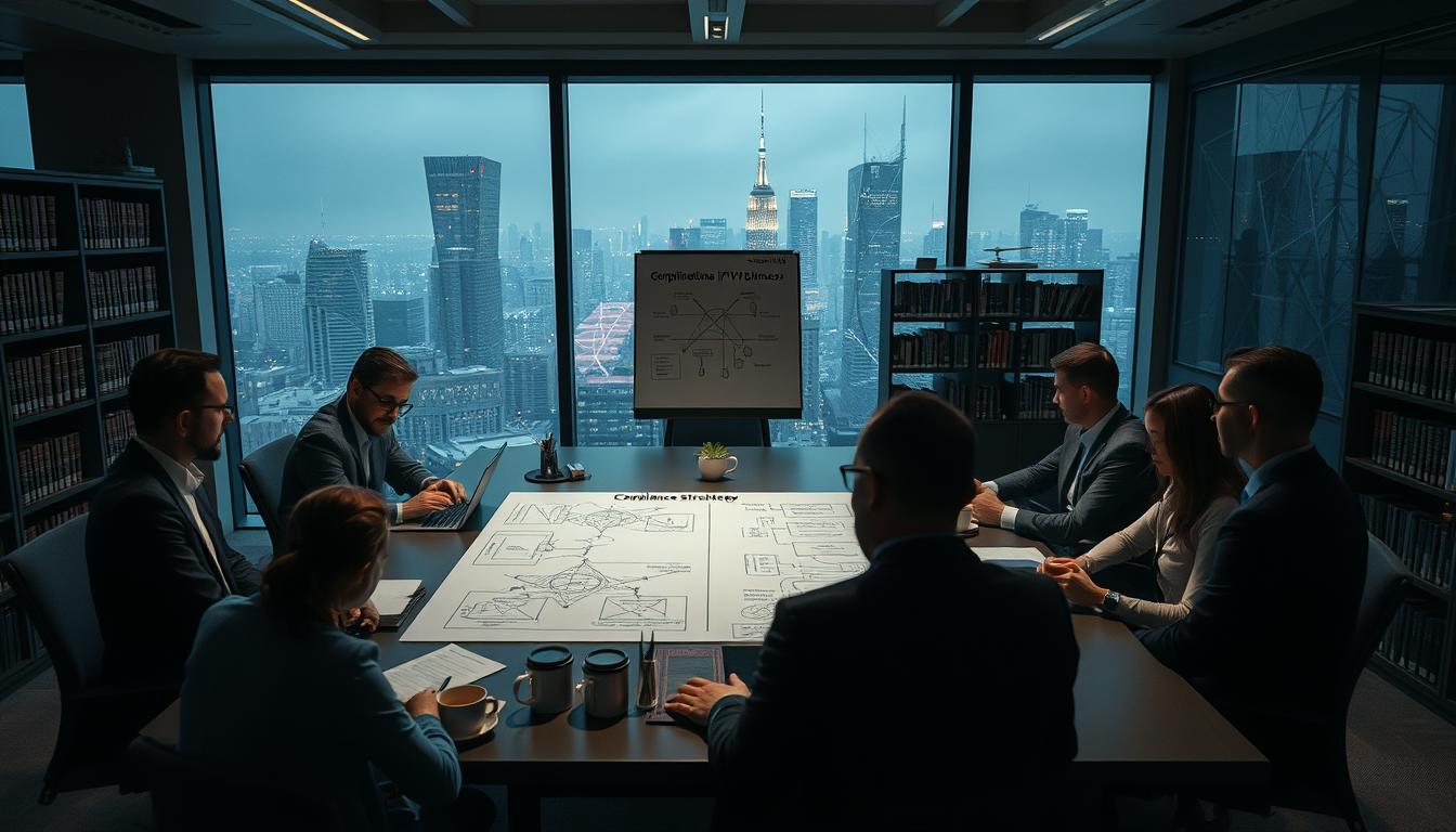 A dimly lit corporate office interior, with a large window overlooking a bustling city skyline. In the foreground, a team of professionals gathered around a conference table, engaged in a serious discussion. The table is adorned with legal documents, laptops, and coffee mugs, creating an atmosphere of diligent compliance strategy planning. The middle ground features a whiteboard, with complex diagrams and charts illustrating the impact of new streaming regulations on the IPTV business. In the background, shelves of legal tomes and a sleek, minimalist decor convey a sense of professionalism and attention to detail. Soft, diffused lighting casts a warm glow, adding to the contemplative mood.