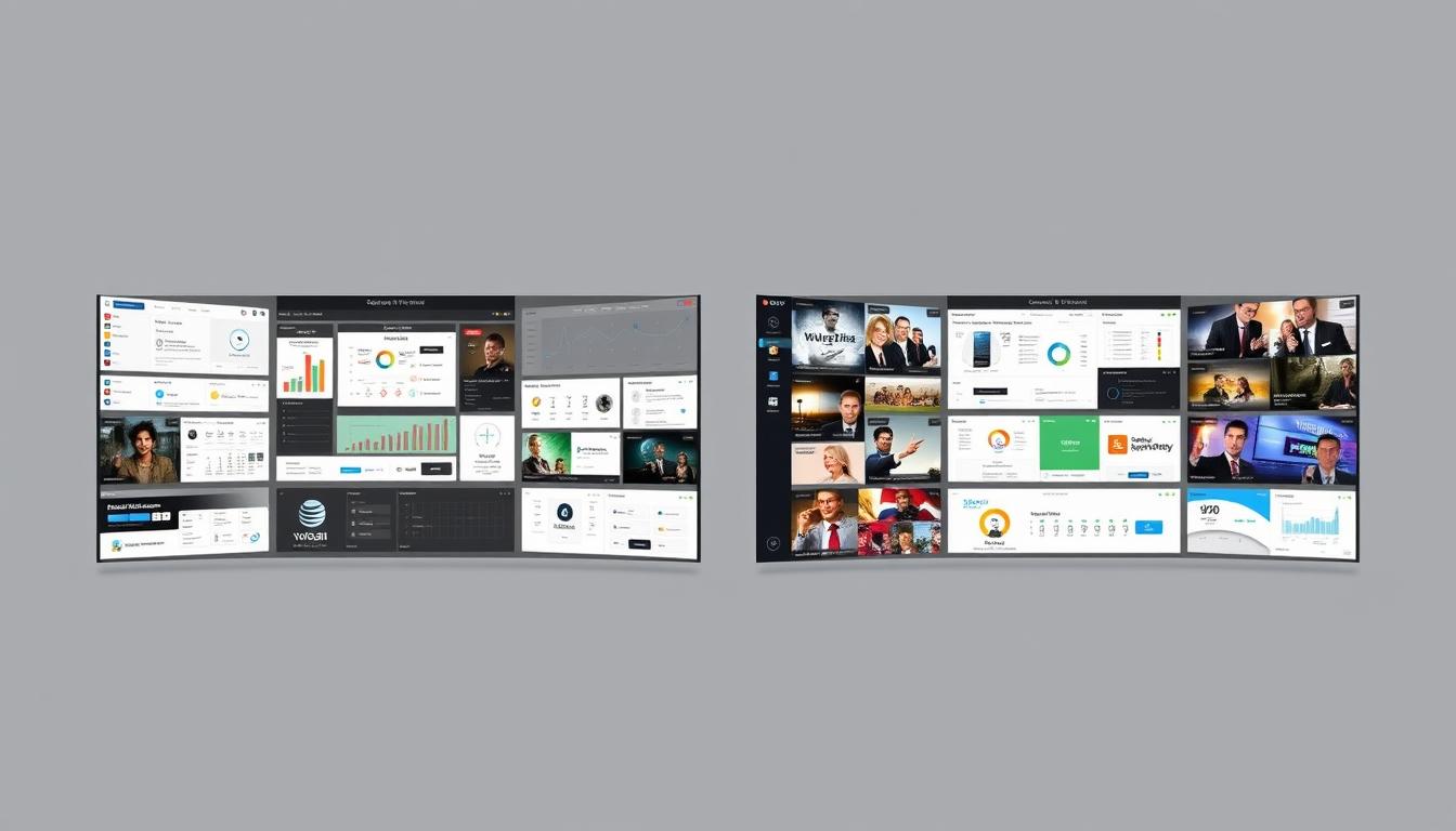 Detailed comparison of leading IPTV reseller panels, presented in a sleek and modern style. Showcasing the key features and capabilities of top reseller platforms side-by-side, with a clean, minimalist layout. Neutral color palette of grays, whites, and subtle accents to maintain a professional, business-oriented aesthetic. Highlight the panels' UI, analytics, customer management, and other core functionalities through well-composed, high-resolution renders. Convey a sense of authority and expertise, suitable for an article on successful IPTV reselling strategies.