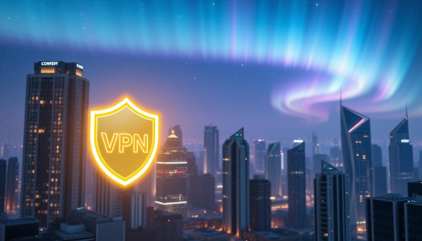 A high-tech, futuristic cityscape at night, with a glowing VPN icon prominently displayed in the foreground. The icon is surrounded by a sleek, minimalist interface, with various online security and streaming-related symbols. In the middle ground, there are skyscrapers with a mix of modern and traditional architectural styles, their windows illuminating the scene. The background features a starry night sky, with a pulsing, neon-colored aurora borealis filling the sky. The overall mood is one of technological sophistication, security, and the ability to bypass geographical restrictions for seamless IPTV streaming.