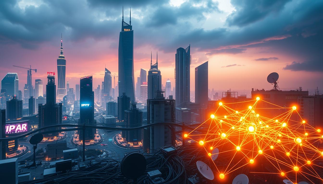 A futuristic cityscape with towering skyscrapers and a vibrant, neon-lit skyline. In the foreground, a blockchain network of interconnected nodes, glowing with a warm, ethereal light, representing the integration of blockchain technology into the IPTV infrastructure. The middle ground depicts a tangle of cables, satellite dishes, and streaming devices, symbolizing the complex challenges of implementing this new technology within existing IPTV systems. The background features a stormy, ominous sky, hinting at the potential obstacles and uncertainties that come with incorporating blockchain into the IPTV landscape. The overall atmosphere is one of technological innovation, disruption, and the need to navigate the complexities of merging cutting-edge blockchain solutions with the established IPTV industry.
