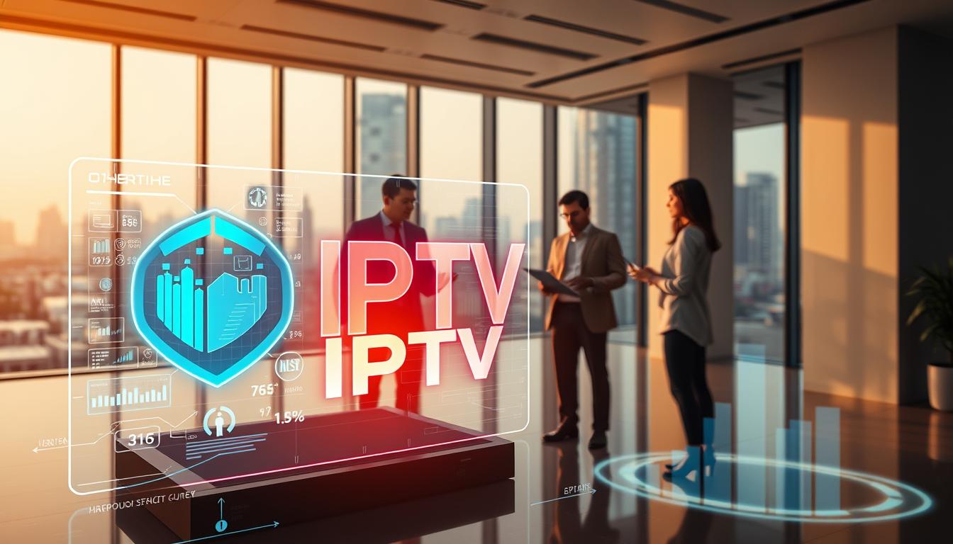 A visually striking marketing strategy for an IPTV service, depicted in a clean, modern style. The foreground showcases a vibrant, holographic display of the IPTV logo, surrounded by dynamic data visualizations and analytics dashboards. In the middle ground, a team of professionals collaborates on a detailed marketing plan, conveying the strategic thinking behind the service's promotion. The background features a sleek, minimalist office setting with large windows overlooking a bustling cityscape, emphasizing the professional, cutting-edge nature of the IPTV enterprise. Warm, directional lighting casts dramatic shadows, adding depth and drama to the scene. The overall atmosphere exudes a sense of innovation, technology, and decisive marketing acumen.