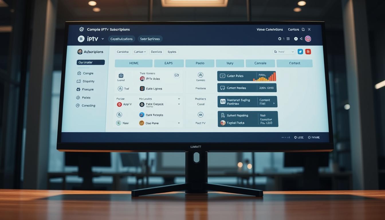 A sleek, modern IPTV reseller panel displayed on a high-resolution monitor. The panel features a clean, intuitive user interface with various menus and options for managing subscriptions, user accounts, and content catalogs. The background is a dimly lit office setting, with subtle ambient lighting casting a warm glow over the scene. The panel is presented in a way that conveys professionalism, efficiency, and reliability - the key attributes a prospective IPTV reseller would seek in a provider. The overall composition and attention to detail suggest a well-designed, feature-rich platform suitable for powering a successful IPTV business.