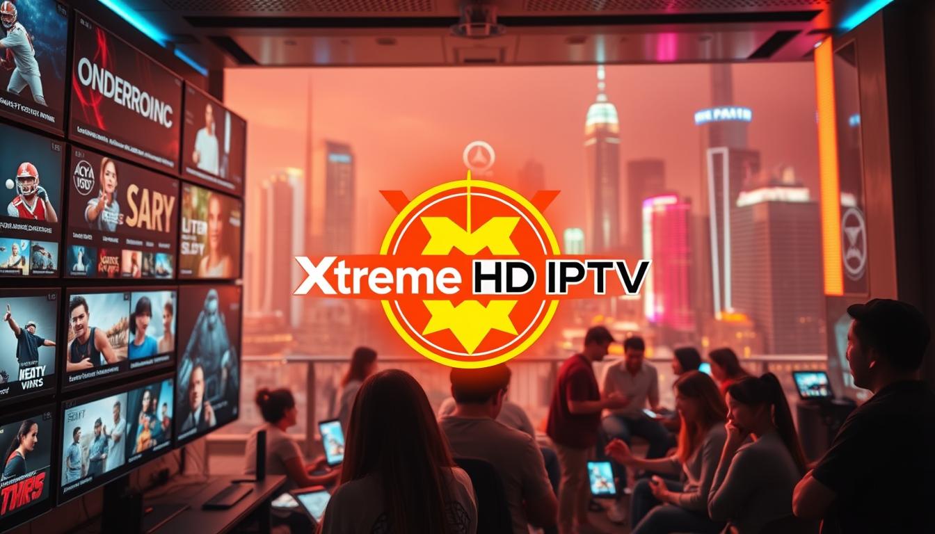 A high-tech media hub showcasing the best IPTV service for Asian expats, with a sleek and modern interface. In the foreground, a stylized logo for "Xtreme HD IPTV" hovers amidst a vibrant display of live streaming content, sports, and on-demand movies. The middle ground features a group of diverse users, each engrossed in their devices, representing the wide-ranging international audience. The background depicts a cityscape with skyscrapers and neon lights, evoking a sense of the global connectivity enabled by this premium IPTV provider. The scene is illuminated by warm, diffused lighting, creating a premium, high-quality atmosphere.
