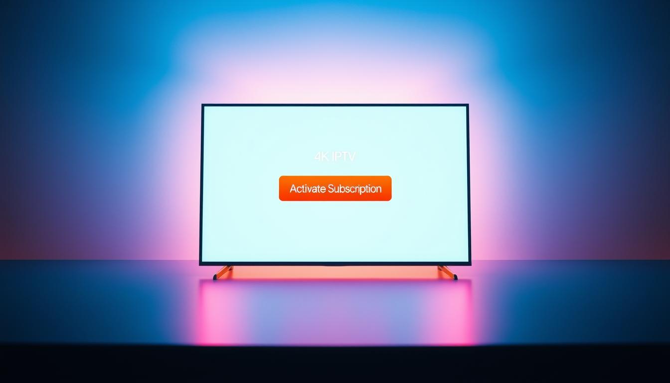 A digital device displaying a vibrant 4K IPTV interface, with a prominent "Activate Subscription" button and a clean, modern layout. The screen is surrounded by a sleek, metallic frame, casting a warm, indirect lighting across the scene. The background features a subtle gradient, blending from a soft blue to a gentle orange, creating a sense of depth and emphasizing the central focus of the device. The overall atmosphere conveys a seamless, user-friendly experience, inviting the viewer to engage with the IPTV gift subscription activation process.