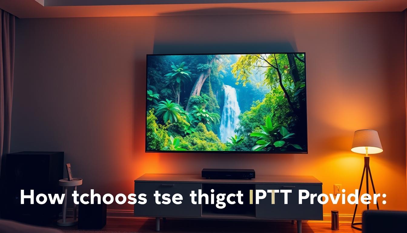 A high-tech home entertainment setup with a sleek 4K smart TV mounted on a modern entertainment center. Warm ambient lighting illuminates the room, casting a cozy glow. On the TV screen, a vivid nature documentary showcases the vibrant colors and fine details of a lush rainforest. The image exudes a sense of technological sophistication and immersive viewing experience, suitable for illustrating the "How to Choose the Right IPTV Provider" section of the article.