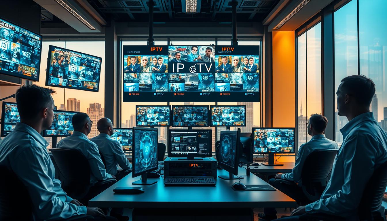A professional and well-designed IPTV service provider, depicted in a sleek, modern office setting. The foreground showcases a group of technicians in clean, uniforms diligently monitoring multiple screens displaying various IPTV channels and diagnostics. The middle ground features a central desk with cutting-edge networking equipment and a prominently displayed company logo, conveying an aura of reliability and technical expertise. The background sets the scene with large windows overlooking a cityscape, bathed in warm, natural lighting that imbues the image with a sense of professionalism and trustworthiness. The overall atmosphere exudes a feeling of a secure, high-quality IPTV service provider dedicated to delivering a seamless and reliable viewing experience.