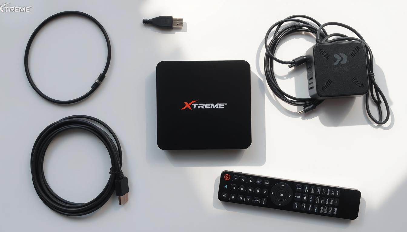 Xtreme HD IPTV setup equipment checklist. A neatly organized flat-lay of essential items: an Android TV box, a high-speed HDMI cable, a robust network router, a sturdy power adapter, and a sleek remote control. All elements are arranged on a minimalist white surface, with subtle shadows and natural lighting creating depth and dimension. The composition conveys a sense of simplicity and efficiency, reflecting the user-friendly nature of the Xtreme HD IPTV setup process.