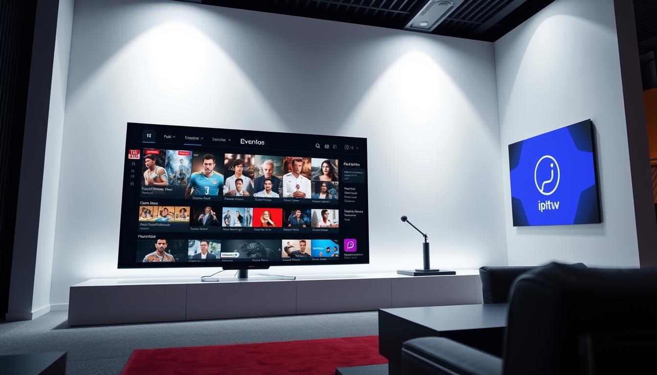 A sleek and modern IPTV streaming platform interface, showcasing a clean and intuitive design. In the foreground, a large screen displays a diverse range of pay-per-view event options, with clear categorization and high-quality thumbnails. The middle ground features a minimalist control panel, allowing users to seamlessly navigate through the available content and manage their subscriptions. The background depicts a minimalist, well-lit setting, with subtle branding elements and a sense of technological sophistication. The overall atmosphere conveys a premium, user-friendly experience tailored for IPTV enthusiasts and content providers alike.