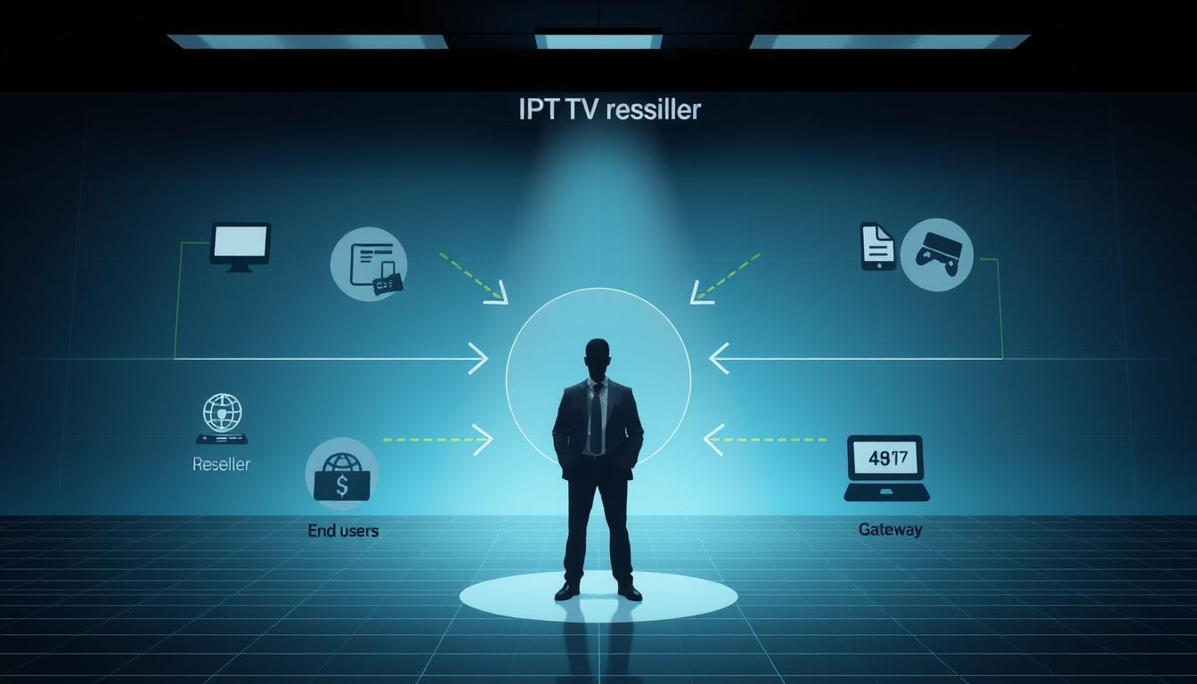 A detailed, well-lit diagram of an IPTV reseller business model, showcasing the key components and flow of revenue. The foreground depicts the reseller at the center, surrounded by icons representing the IPTV service provider, end-users, and payment gateways. The middle ground highlights the reselling process, with arrows indicating the transfer of subscriptions and payments. The background features a minimalist, clean design with subtle grid patterns, suggesting the technical infrastructure supporting the business. The overall mood is professional, informative, and visually engaging, suitable for inclusion in a business guide about starting an IPTV reseller venture.