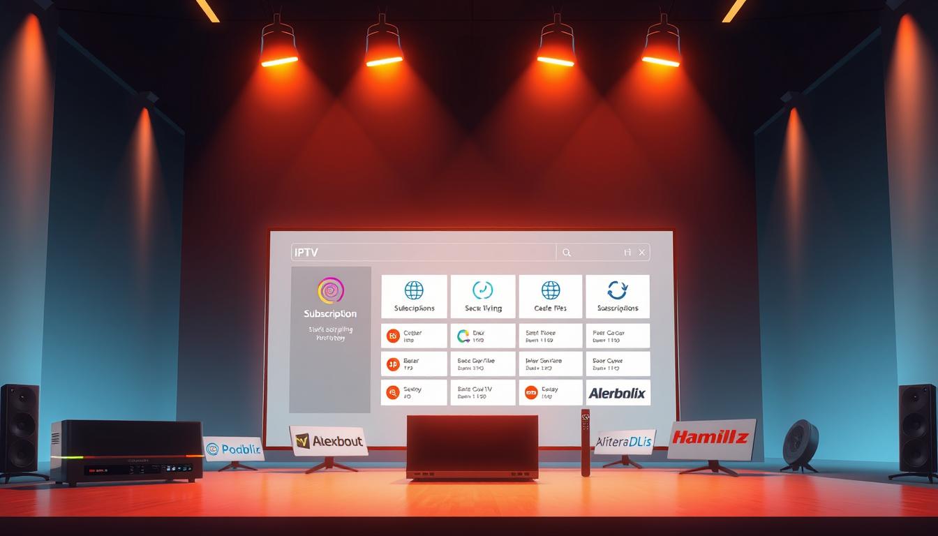 A sleek and modern illustration showcasing multiple IPTV providers for a multi-subscription service. In the foreground, various IPTV service logos are prominently displayed, highlighted by warm, directional lighting that creates depth and emphasizes their visual impact. The middle ground features a clean, minimalist interface depicting several subscription options, conveying the idea of managing multiple IPTV plans. The background is a subtle gradient, providing a sophisticated and professional atmosphere. The overall composition is balanced, using a dynamic camera angle and crisp, high-quality rendering to create a visually striking and informative image.