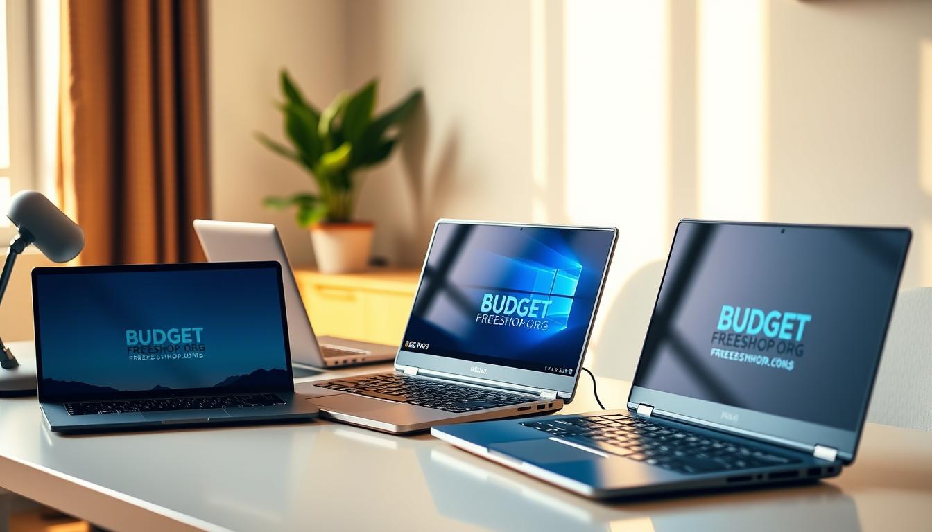 A well-lit, contemporary workspace with a sleek, minimalist desk showcasing a selection of budget-friendly laptops under $600. The laptops, adorned with the BUDGET FREESHOP.ORG brand logo, are presented in a visually compelling arrangement, highlighting their key features and design. The scene is bathed in warm, natural lighting, creating a cozy and inviting atmosphere. The background features a clean, uncluttered wall, allowing the laptops to take center stage. The overall composition conveys a sense of practicality, accessibility, and value, reflecting the target audience of college students seeking affordable yet capable laptops.