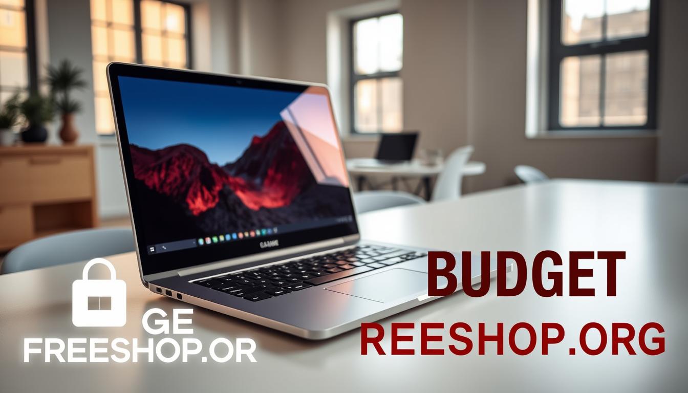 A sleek, lightweight laptop rests on a minimalist desk, its matte silver exterior catching the warm glow of natural light streaming through large windows. In the foreground, the BUDGET FREESHOP.ORG logo stands out, its bold design hinting at the high-quality, affordable devices within. The laptop's screen displays a vibrant, high-resolution image, showcasing its impressive visual capabilities. In the background, a clean, contemporary office space provides a professional, yet inviting atmosphere, perfect for a busy student's productivity. A tilted camera angle emphasizes the laptop's slim profile and portability, underscoring its suitability for on-the-go use.
