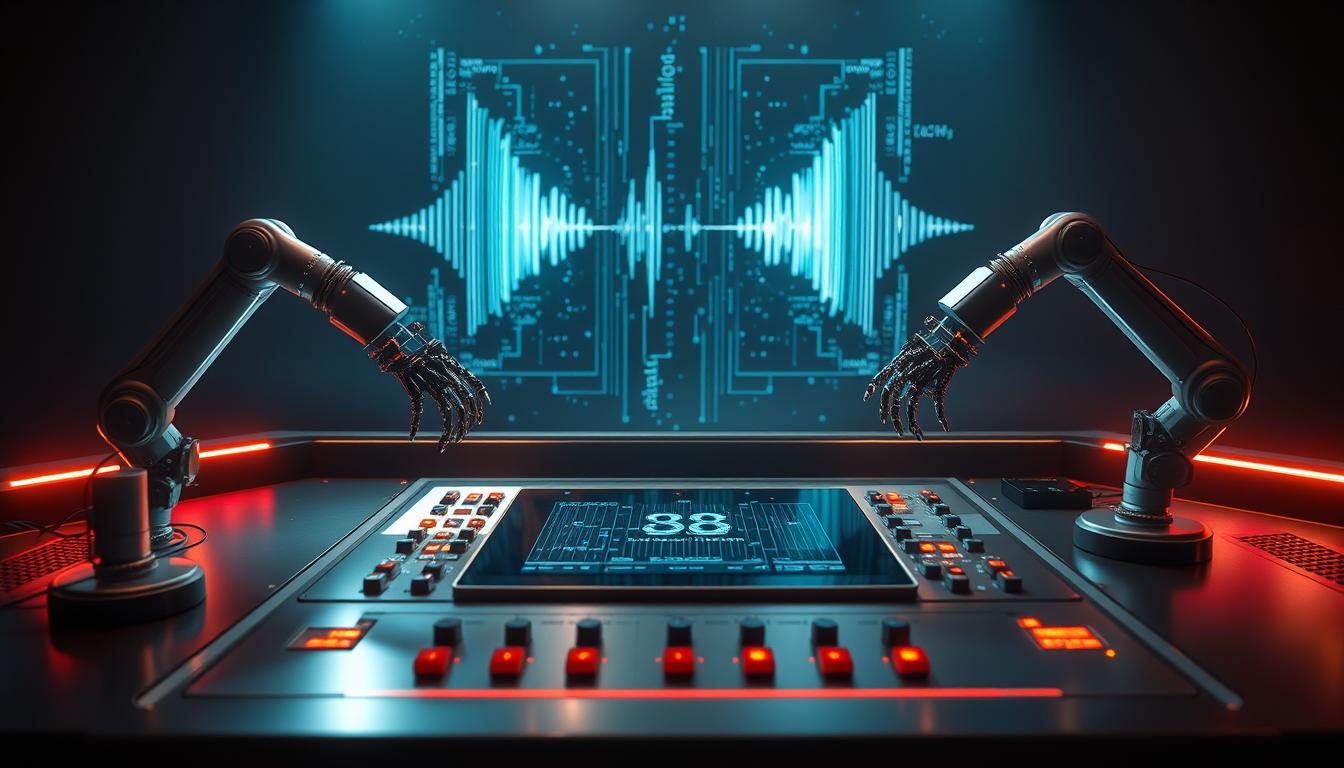 A sleek, metallic control panel with a central display screen showcases the intricate technology behind synthetic voice generation. Holographic visualizations pulsate with digital information, casting an ethereal glow across the scene. Articulated robotic arms, adorned with delicate sensors, carefully manipulate audio waveforms, shaping the nuances of the artificial voice. The background is shrouded in a moody, atmospheric lighting, evoking the cutting-edge nature of this innovative technology. The overall impression is one of sophisticated, futuristic audio engineering, capturing the essence of AI-powered voice cloning.