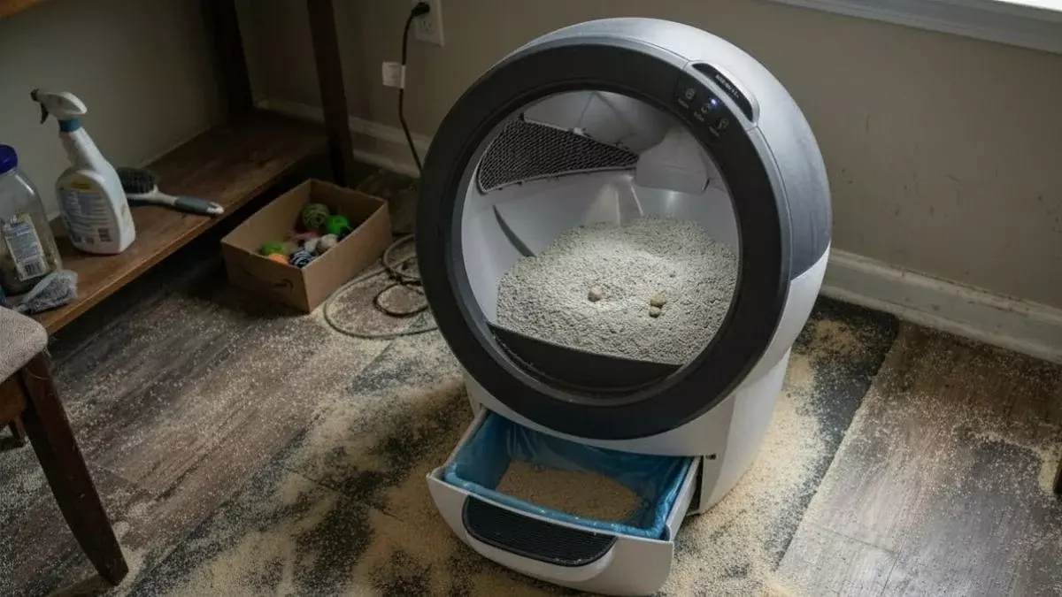 automatic litter box with dirty litter and scattered mess causing odor problems