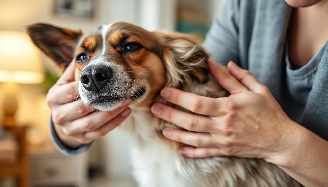 Tutor inspecionando o pelo de um cachorro em busca de carrapatos durante rotina de prevenção