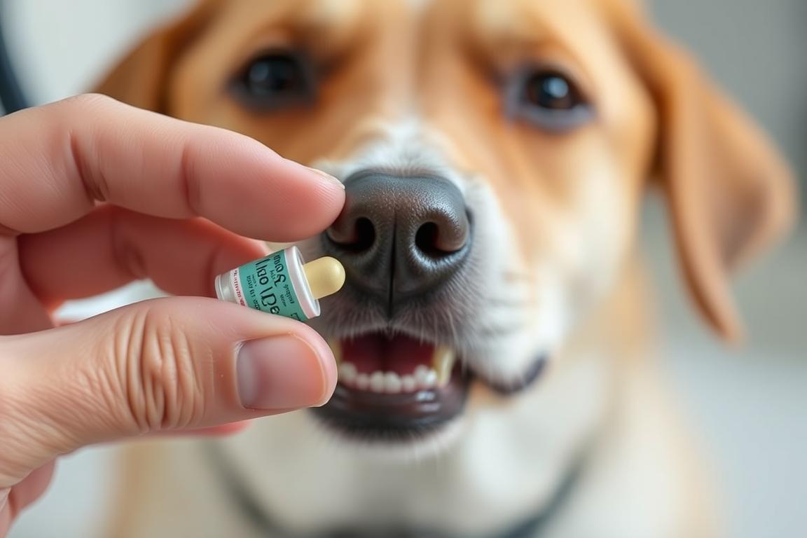 Mão segurando um comprimido antiparasitário próximo a um cachorro, demonstrando a administração do medicamento oral para matar carrapato de cachorro