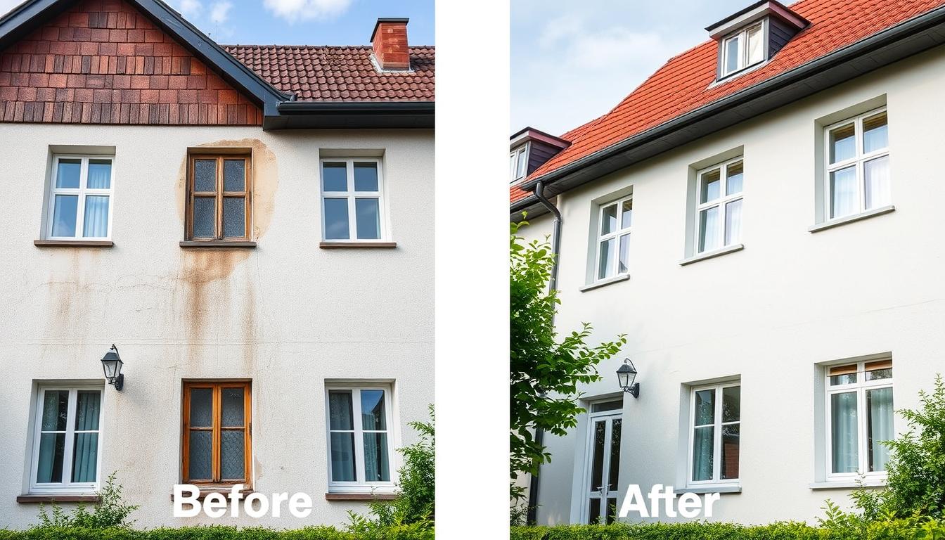 Verschmutzte Hausfassade im Vergleich zu einer frisch gereinigten Fassade