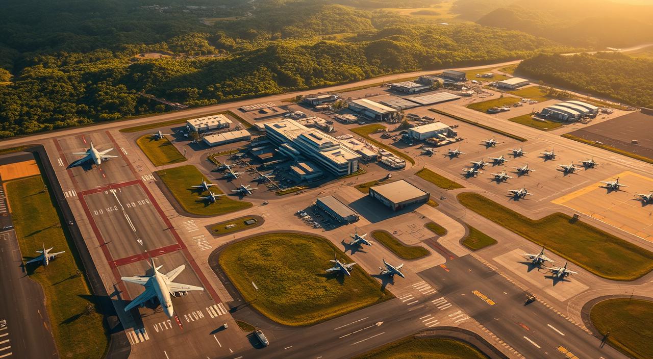 Kadena Air Base: Updates from Our Military Hub 3 An aerial view of Kadena Air Base, showcasing its expansive military facilities. In the foreground, the gleaming runways and taxiways, bustling with fighter jets and transport planes taking off and landing. The middle ground features the administrative buildings, hangars, and maintenance areas, all meticulously maintained. In the background, the lush, verdant landscape of Okinawa, providing a serene contrast to the technical precision of the base. The scene is bathed in warm, golden light, creating a sense of dynamic energy and purpose. The composition is balanced, highlighting the scale and importance of this strategic military hub. Captured with a wide-angle lens to convey the scope and scale of the facilities.