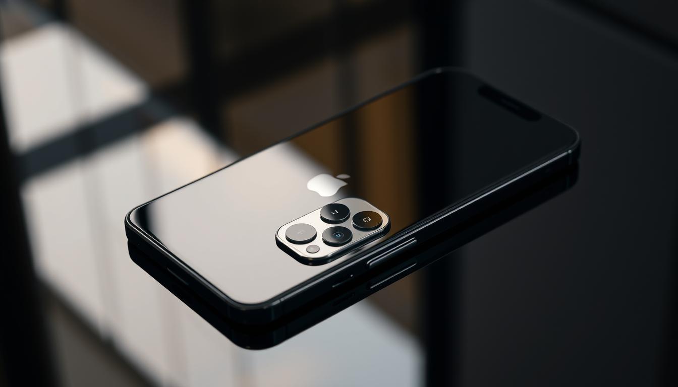 A sleek, premium-looking iPhone 17 Pro Max smartphone resting on a reflective black surface. The device's display showcases its sharp OLED screen and advanced camera array with cutting-edge lenses. The background is softly blurred, allowing the phone to be the focal point. Warm, directional lighting from the side creates depth and highlights the iPhone's elegant, state-of-the-art design. The image conveys a sense of futuristic technology and the sophisticated, high-end nature of this latest flagship Apple device.