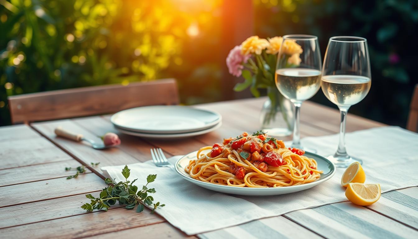 A vibrant summer scene with a wooden table, adorned with a crisp white tablecloth. On the table, a delectable pasta dish, its creamy tomato sauce glistening. Beside it, a glass of chilled white wine, the condensation giving it a refreshing appearance. In the background, lush greenery and soft natural lighting, creating a warm, inviting atmosphere. The composition is balanced, with the pasta and wine taking center stage, surrounded by thoughtfully placed accents like a scatter of fresh herbs, a wedge of lemon, and a simple vase of flowers. The overall mood is one of relaxation and culinary enjoyment, perfectly capturing the essence of a summer pasta and wine pairing.