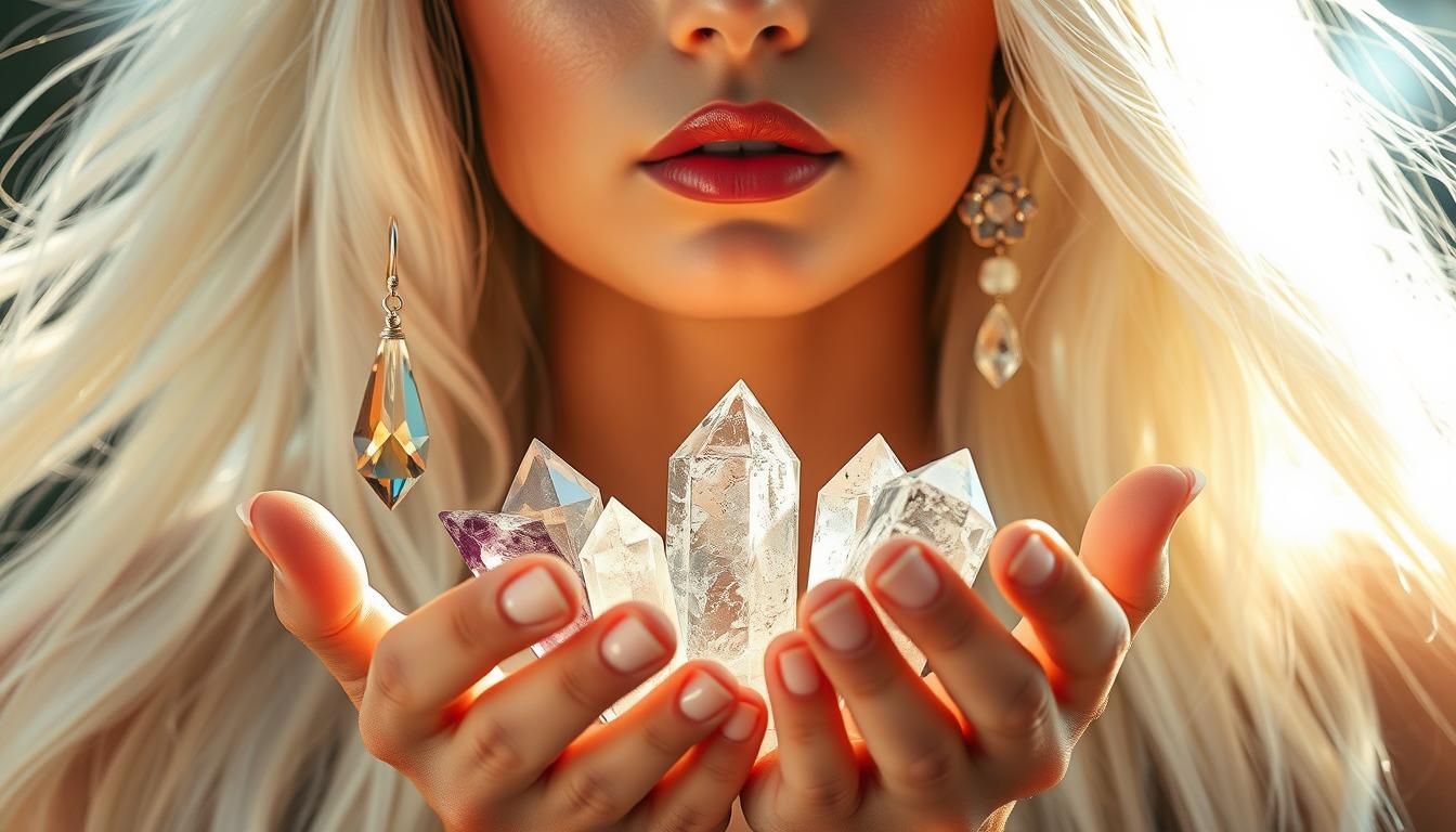An exquisite crystal jewelry collection, delicately crafted with precise attention to detail. Radiant quartz, amethyst, and clear crystal pendants and earrings float effortlessly upon a backdrop of soft, flowing white hair. A beautiful woman with serene expression gazes outward, her hands gently cupping the crystals as she channels the ancient energy of Reiki. Warm, natural lighting casts a ethereal glow, highlighting the crystal's mesmerizing facets and the woman's tranquil poise. The scene evokes a sense of calm, healing, and deep connection to the natural world.