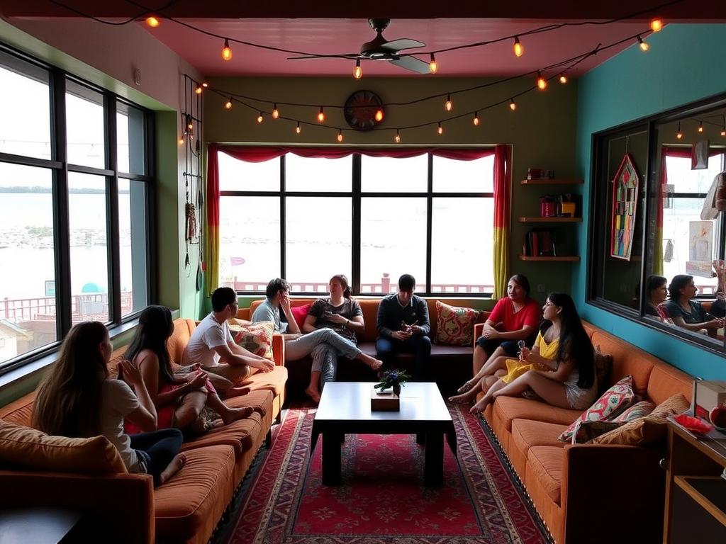 Best Hotels in Rishikesh - Luxury, Budget, and Boutique Stays 10 Zostel Rishikesh hostel common area with river views