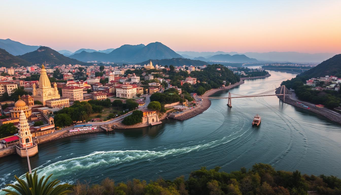 Best Hotels in Rishikesh - Luxury, Budget, and Boutique Stays 1 Panoramic view of Rishikesh with the Ganges River and suspension bridges