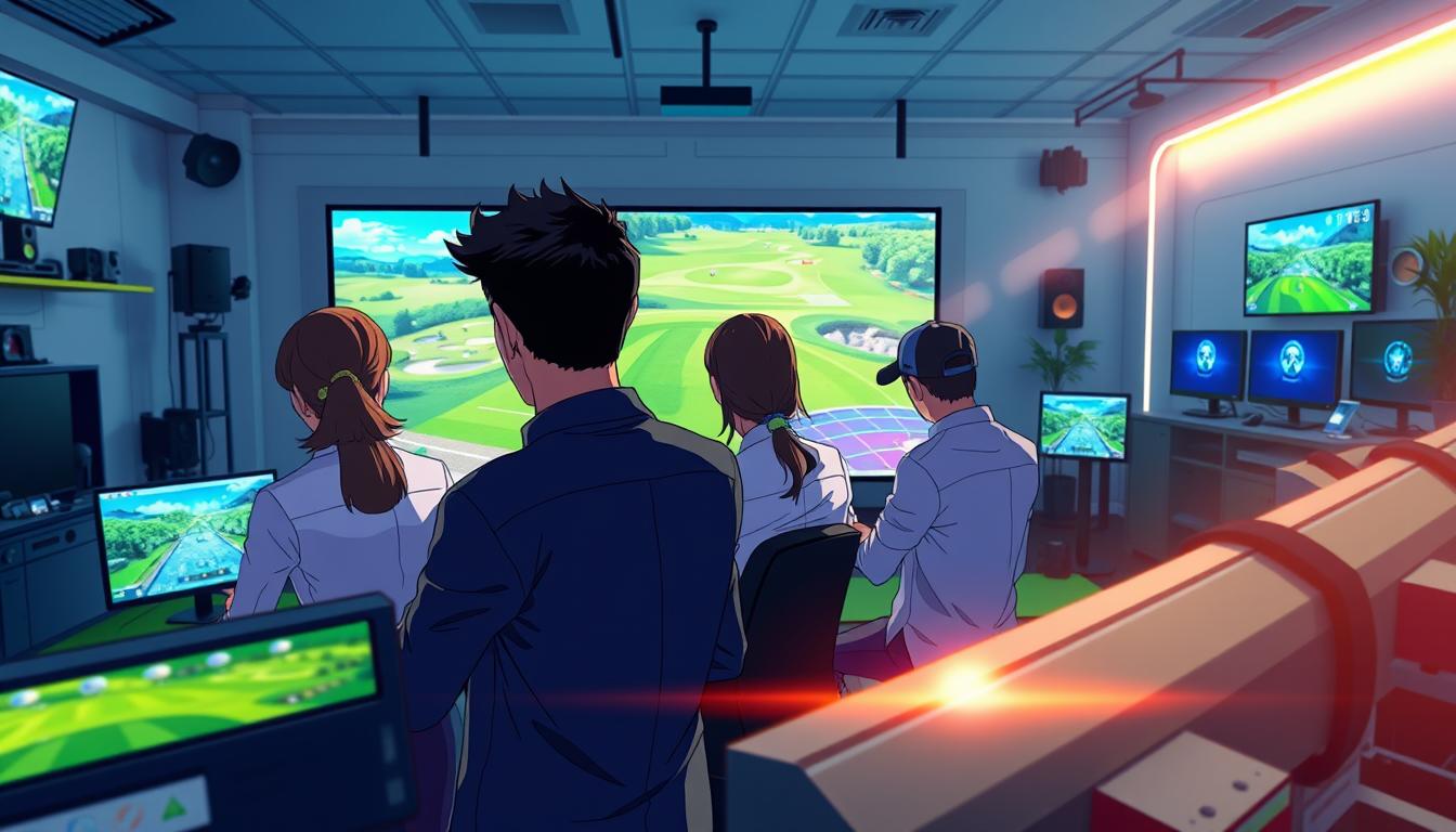 A dynamic online golf challenge scene, showcasing players engaged in a virtual competition. In the foreground, a diverse group of three individuals in professional attire intensely focused on their game, each using advanced golf simulation equipment. The middle ground features a large screen displaying a virtual golf course, complete with lush greens and scenic backgrounds. The bright, ambient lighting creates an energetic atmosphere, while a slight lens flare adds a touch of realism. In the background, a modern gaming room filled with high-tech gadgets and decor that complements the competitive mood. The overall feeling should be excitement and friendly rivalry, capturing the thrill of an online golf tournament.