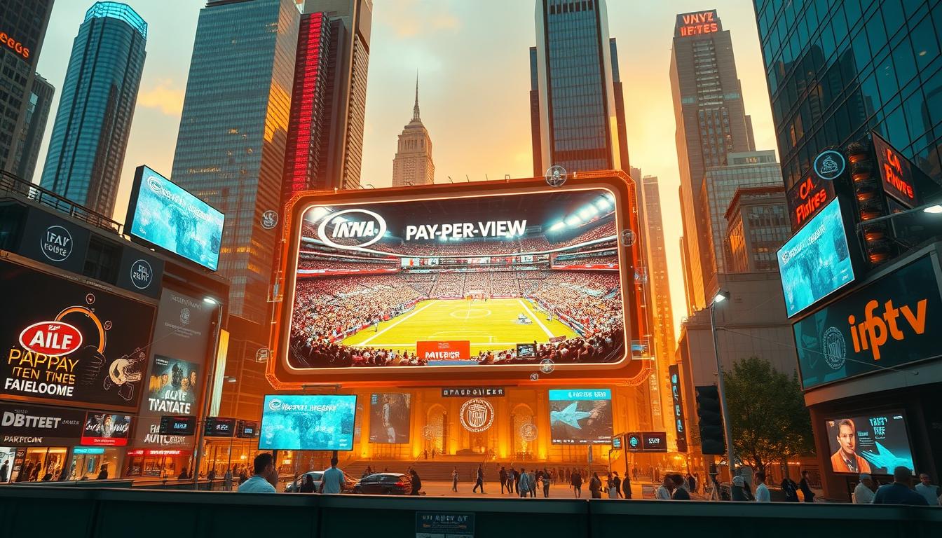 A futuristic cityscape, with towering skyscrapers and bustling streets. In the foreground, a large digital display showcases a pay-per-view event, its vibrant colors and crisp resolution clearly visible. Around it, holographic interfaces and interactive screens suggest the integration of IPTV technology, seamlessly blending physical and digital realms. The scene is bathed in a warm, futuristic glow, creating an atmosphere of innovation and technological advancement. The camera angle is slightly elevated, allowing for a comprehensive view of this transformative landscape where traditional pay-per-view access has been revolutionized by the impact of IPTV.